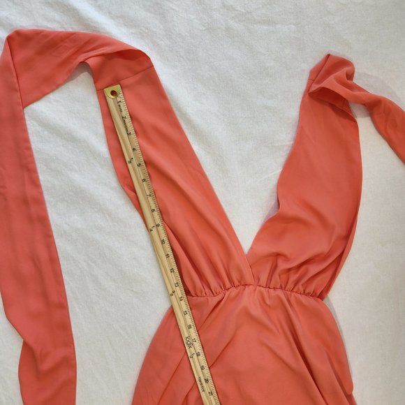 V-Neckline Long Prom Dress by Studio F Size 8 Coral Color 85% Poly. Worn Once! - Picture 8 of 16